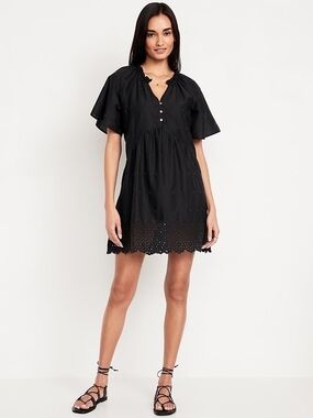 Old Navy Black Eyelet Swing Dress Split Neck Flutter Sleeve Medium